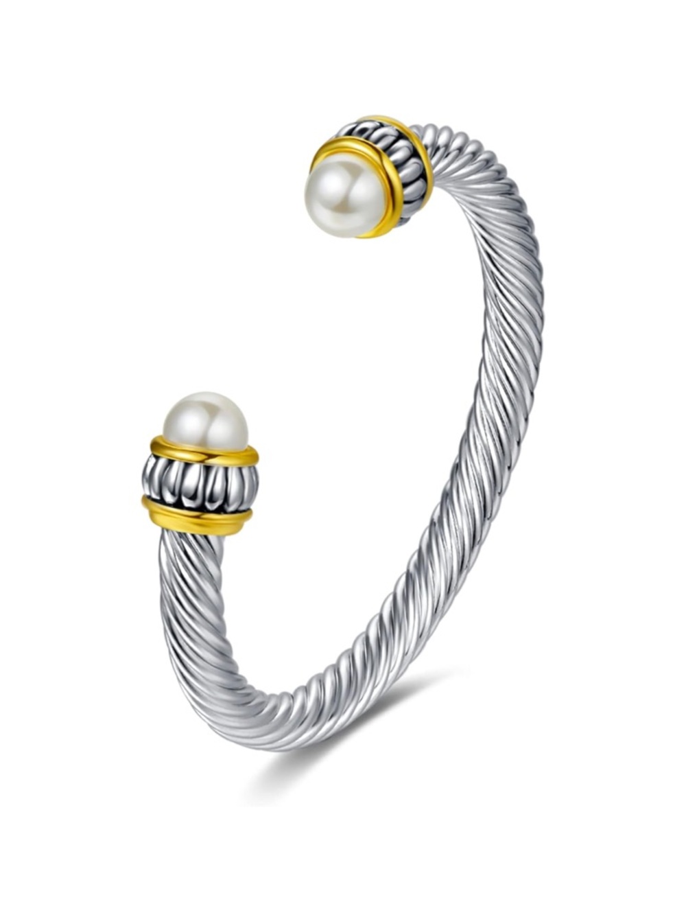 Silver Twisted Cuff Bracelet with Pearl and Gold Accents